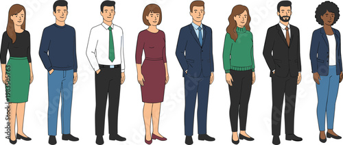 Set of diverse business people standing in three quarter view wearing professional suits and smart casual office clothing for corporate team concept,