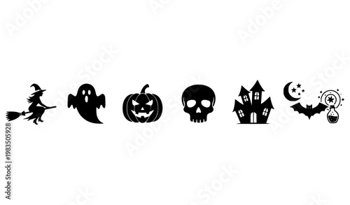 Minimal Halloween silhouette icons spooky witch ghost pumpkin haunted house black vector illustration isolated on white