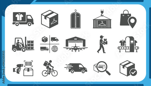 Large Collection of Fashion Logistics Icons Featuring Clothing Delivery Truck, Warehouse Shipping, Garment Cargo Plane, Package Tracking and E-commerce Distribution Graphic Elements Vector Set