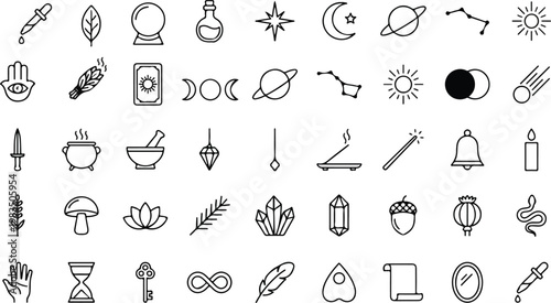 Large mystical and celestial icon set. Minimalist vector line art collection of esoteric tools, astrology symbols, crystals, and ritual elements.