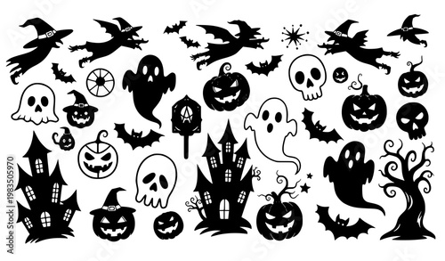 Creative Halloween silhouette doodle collection spooky stickers witch ghost pumpkin black vector illustration set isolated on white background