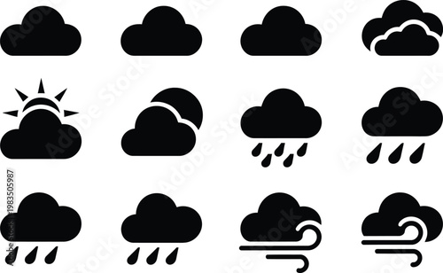 Weather icon set diverse cloud conditions and atmospheric phenomena