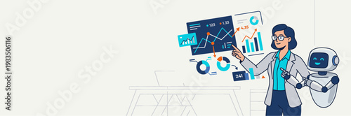 Data analyst woman and AI robot collaborating over financial charts, artificial intelligence business concept, flat vector illustration banner.