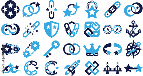 Assortment of blue and dark blue link, star, and anchor icons.