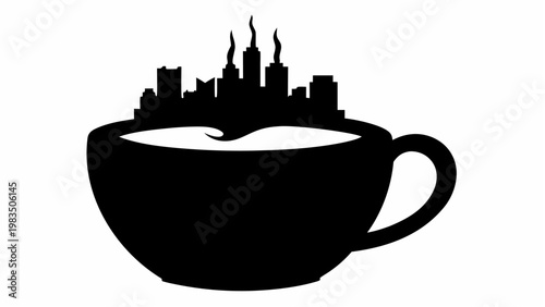 Silhouette of a steaming cup of coffee with city skyline symbolizing morning routine and urban lifestyle