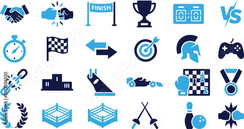 Game and competition icons set for winning, strategy, and sportsmanship themes.