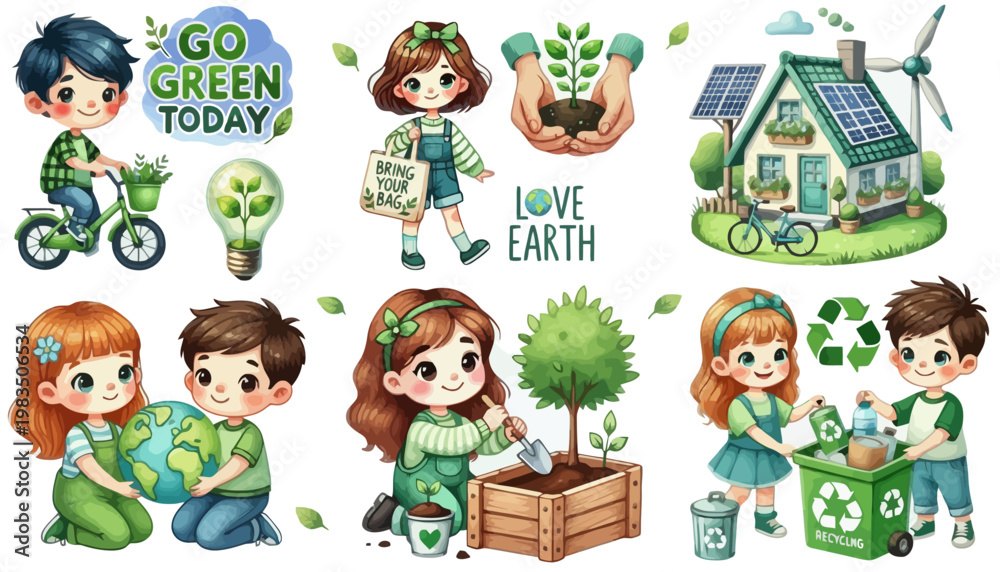 Fototapeta premium A colorful illustration of children promoting environmental awareness and sustainability