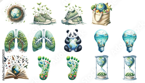 A collection of eco-friendly illustrations promoting environmental conservation and sustainability