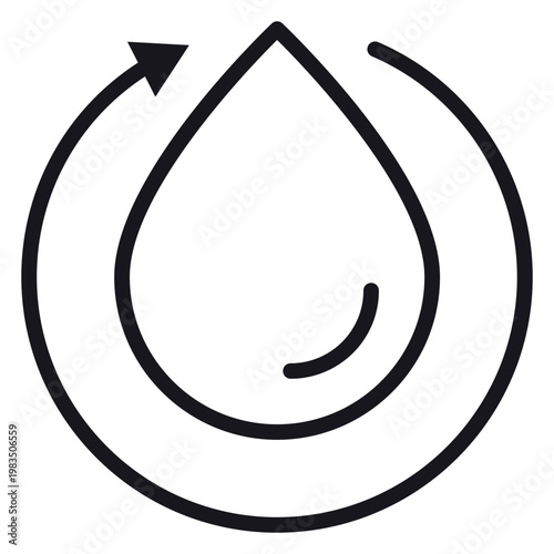 Black vector icon of a water drop enclosed in a circular arrow, symbolizing water recycling, conservation, sustainable resource management, and the environmental water cycle illustration.