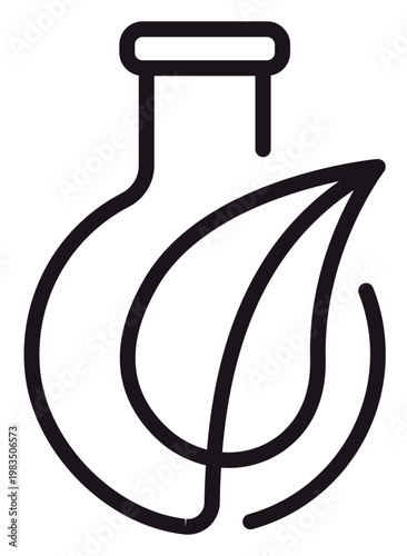 Minimalist black line art vector icon of a laboratory flask with a leaf, representing biotechnology, green chemistry, eco-friendly research, natural science, herbal medicine, and bioengineering.