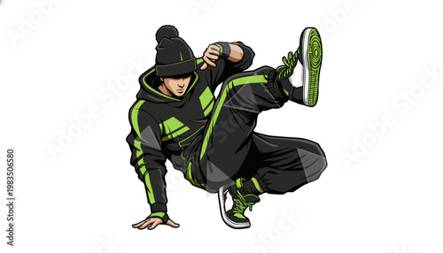 A young man in a black and green tracksuit dancing energetically
