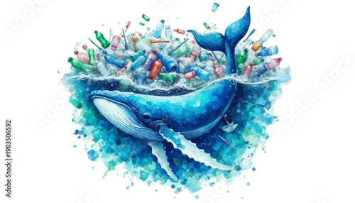 A blue whale swims through ocean pollution with plastic bottles and trash