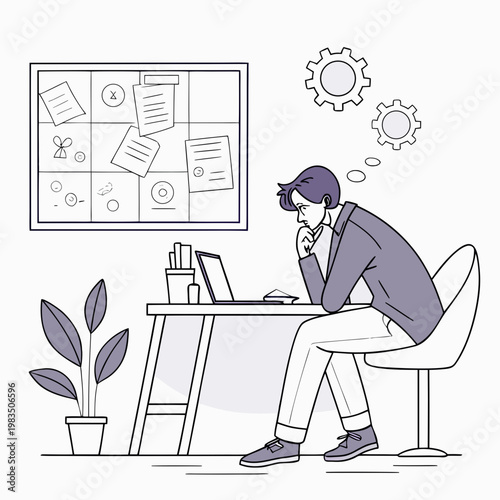 Man sitting at desk with laptop and thinking about business strategy