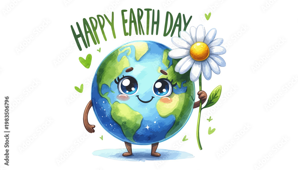 Obraz premium A cartoon globe with a smiling face holding a flower on Earth Day