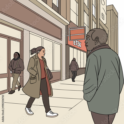 A man and a woman walking down a city sidewalk