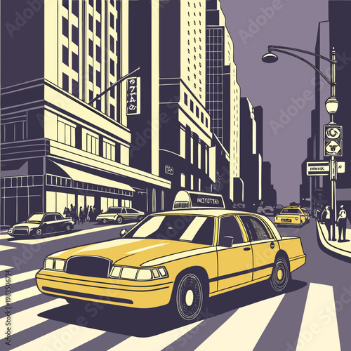 A yellow taxi cab driving down a city street