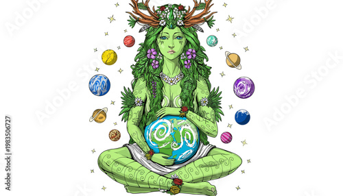 A mystical green goddess sitting cross-legged holding the Earth surrounded by planets and stars