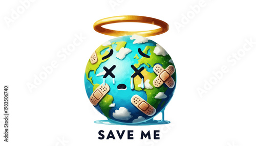 A cartoon globe with a sad face and bandages on it