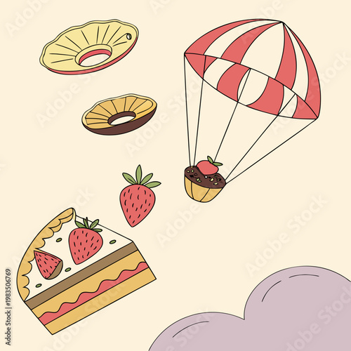 A strawberry shortcake and donuts parachuting down to the ground