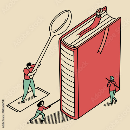Three people trying to open a giant book with a spoon