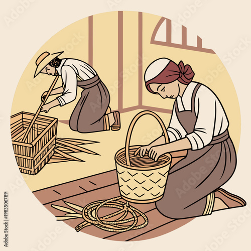 Two women working with baskets and wicker in a rural setting