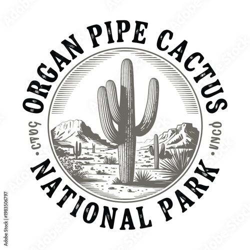 Vintage style badge featuring an organ pipe cactus and desert landscape
