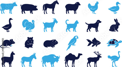 Collection of animal icons in blue and navy colors on white background.