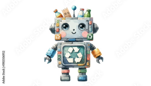 A colorful robot made of recycled materials stands alone on a white background