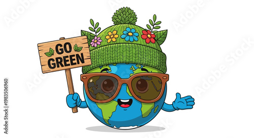 A cartoon globe wearing sunglasses and a green hat holds a sign that says go green