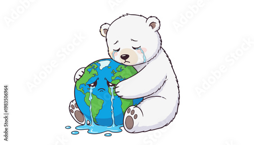 A crying polar bear hugs the Earth with sadness and concern
