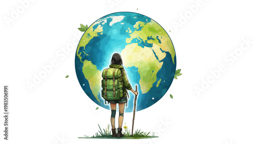 A young woman with a backpack stands in front of a large globe