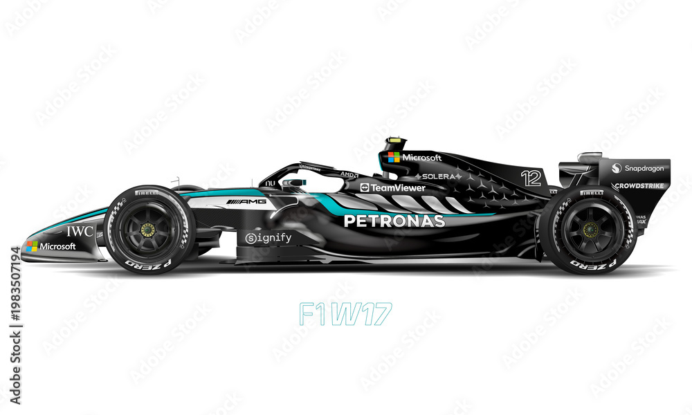Naklejka premium Brackley, United Kingdom, february 22 2026, Mercedes-AMG F1 W17 E Performance, Formula One car presentation, number 12, Andrea Kimi Antonelli, illustration on the white background