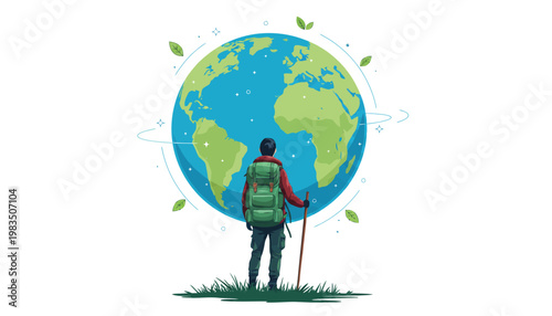 A person stands in front of a large globe with a backpack on
