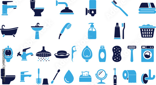 Modern blue and dark blue flat icons collection for bathroom on white background.