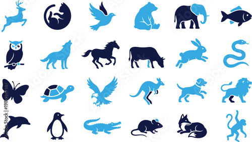 Collection of blue and dark blue flat icons representing various animals on white background.