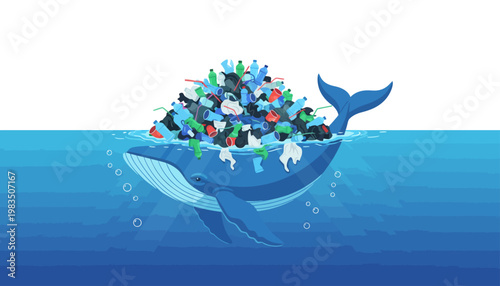 A blue whale swimming in the ocean with a large pile of plastic pollution on its back