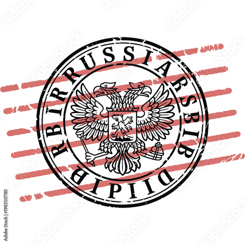 Russian federation emblem seal with distressed texture and red stripes