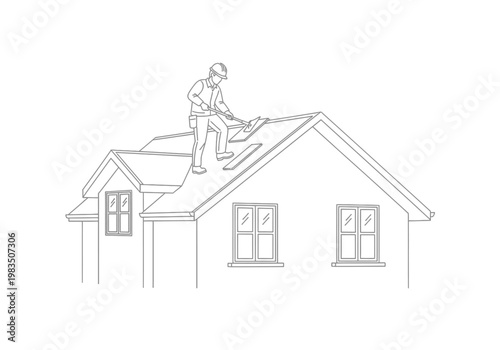 Professional roofer installing shingles on a residential house roof line art sketch