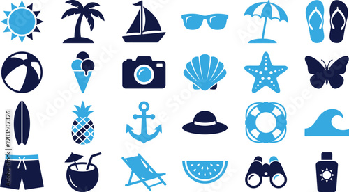 Set of bright summer vacation icons for design and travel related themes.