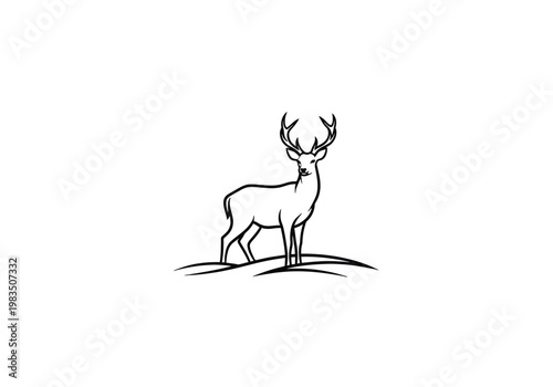 Minimalist line art of a majestic male deer with antlers standing in a field with forest life
