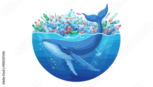 A whale swims in ocean pollution with plastic bottles and trash