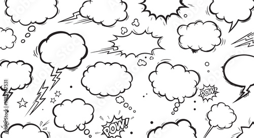 Comic speech bubbles, cartoon thought clouds, black and white vector icons isolated on Transparent Background