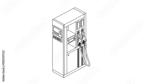 Gas station fuel dispenser line art vector with isometric pump outline technical illustration isolated on white