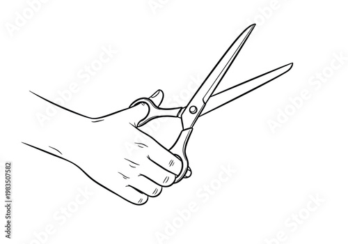 Hand holding open scissors line art illustration for crafting and cutting concept