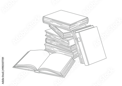Detailed outline illustration of a stack of books with an open book ready for reading