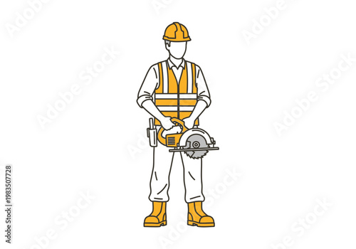 Construction worker holding electric circular saw tool wearing safety vest and helmet