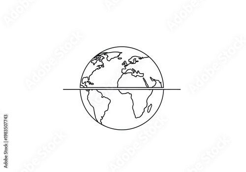 Simple line art globe drawing with earth map and horizontal center line