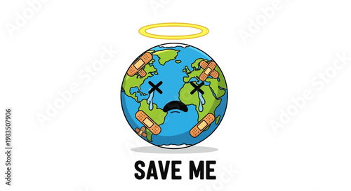 A cartoon globe with a sad face and bandages on it