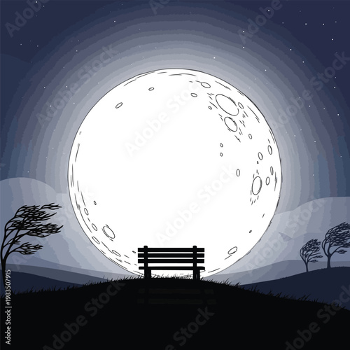 A serene nighttime illustration depicts a large luminous moon dominating the sky above a silhouetted landscape with a park bench high quality professional