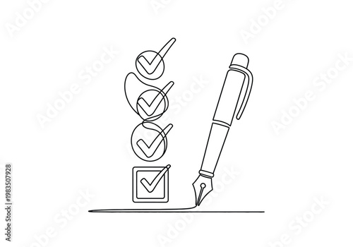 Minimalist continuous line drawing of a fountain pen completing a task checklist